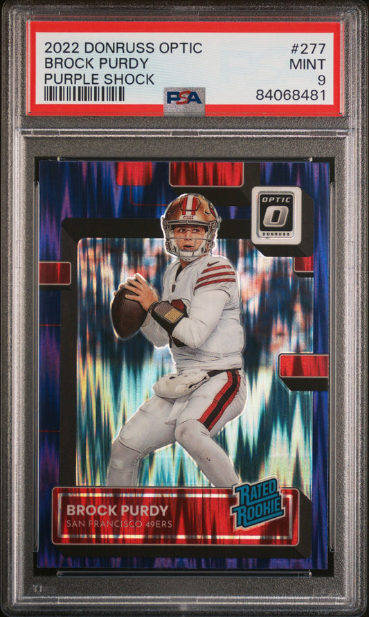 2022 Donruss Optic Brock Purdy Purple Shock Rookie - PSA 9